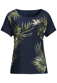 Námořnická modrá tričko s zelenými tropickými listy, kulatým výstřihem, krátkým rukávem a uvolněným střihem. Vyrobeno z měkké bavlněné směsi.