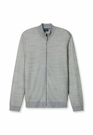 Grau, Reißverschlussjacke mit strukturiertem Muster, geripptem Kragen und Bündchen sowie geradem Saum. Hergestellt aus einem weichen Strickmaterial.