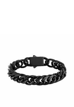 Bracciale con catena nera spessa e chiusura rettangolare, mostrato su sfondo bianco.