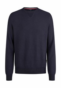 Marineblauer Strickpullover mit Rundhalsausschnitt und gerippten Bündchen sowie Saum. Verfügt über ein dezentes strukturiertes Muster und ein kleines Etikett an der Seite.