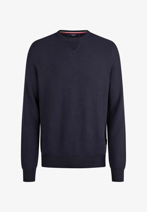 Marineblauer Strickpullover mit Rundhalsausschnitt und gerippten Bündchen sowie Saum. Verfügt über ein dezentes strukturiertes Muster und ein kleines Etikett an der Seite.