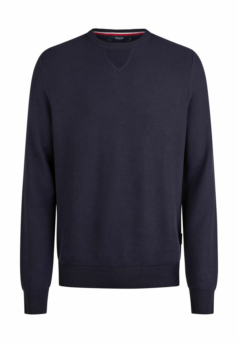 Marineblauer Strickpullover mit Rundhalsausschnitt und gerippten Bündchen sowie Saum. Verfügt über ein dezentes strukturiertes Muster und ein kleines Etikett an der Seite.
