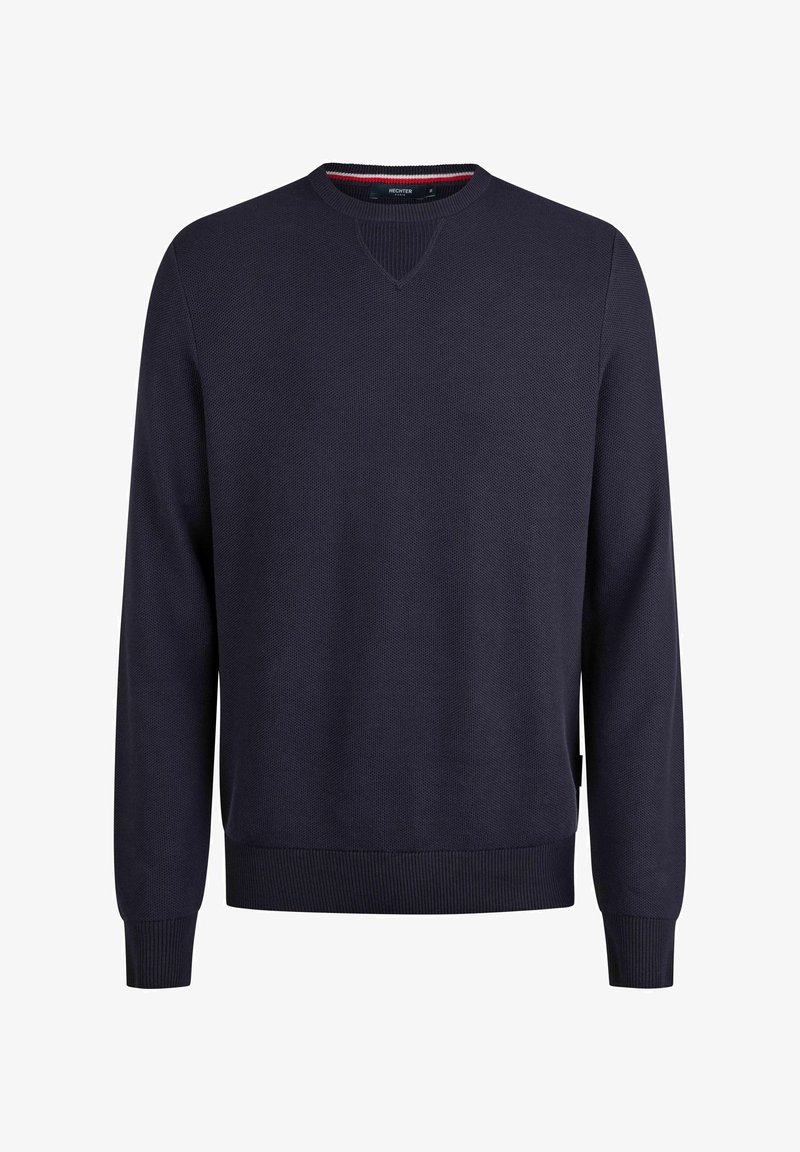 Marineblauer Strickpullover mit Rundhalsausschnitt und gerippten Bündchen sowie Saum. Verfügt über ein dezentes strukturiertes Muster und ein kleines Etikett an der Seite.