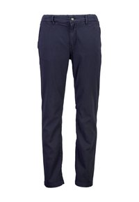 Granatowe bawełniane spodnie o slim fit, z zamkiem błyskawicznym, zapięciem na guzik i paskiem. Gładka tekstura i brak widocznych wzorów.