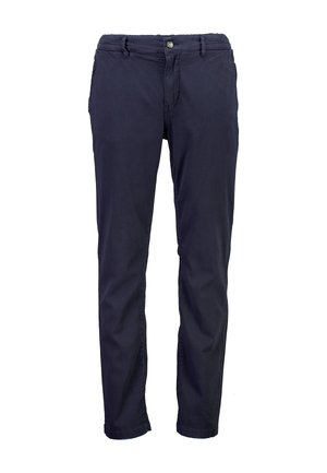 Marineblaue Baumwollhosen mit slim fit, ausgestattet mit einem Reißverschluss, Knopfverschluss und Gürtelschlaufen. Glatte Textur ohne sichtbare Muster.