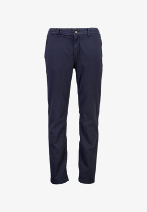 Pantaloni di cotone blu navy con una vestibilità slim, dotati di zip, chiusura con bottone e passanti per la cintura. Texture liscia e senza pattern visibili.