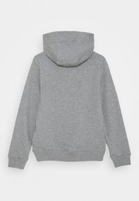 Graue Kapuzenjacke mit einer weichen Textur, ausgestattet mit einer Kapuze sowie Bündchen und Saum aus Rippenstrick. Das Design ist einfach und ungeschmückt und legt den Fokus auf Funktionalität.