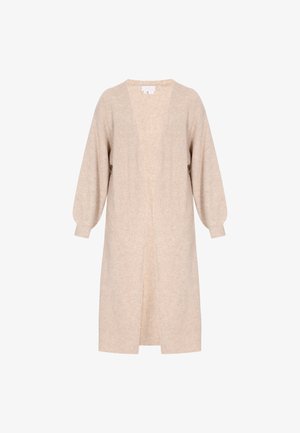 Dugi, bež kardigan napravljen od teksturiranog pletenog materijala. Ima duboki V-rez, otvoreni prednji dio i lagano pufnaste duge rukave.