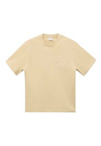 Tricou din bumbac bej cu guler rotund, mâneci scurte și un design texturat cu palmier pe partea stângă a pieptului. Croială moale și lejeră.