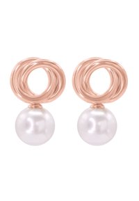 Boucles d'oreilles en or rose avec un design entrelacé et une goutte de perle blanche. Texture métallique lisse et finition perlée brillante.