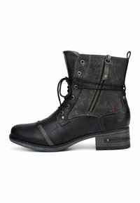 Bottines noires avec un corps en cuir texturé, une fermeture éclair décorative, des lacets et un panneau en tissu à motifs. Semelle plate et robuste.