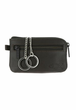 Small black leather key pouch with front zipper pocket, two metal key rings on chains, and embossed fish symbol on front.