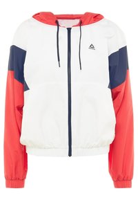 Vit och röd vindjacka med huva och navyblå detaljer, dragkedja framtill, elastiska ärmslut och en avslappnad passform. Har Reebok-logotyp på bröstet.