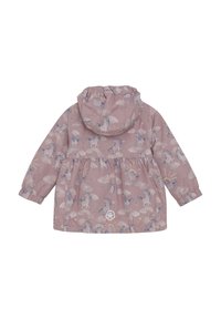 Veste imperméable rose clair avec un motif de licorne. Dotée d'une capuche, d'une taille froncée et de poignets élastiques.