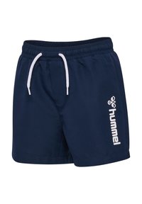 Granatowe męskie szorty z elastycznym paskiem, białym sznurkiem oraz białym logo "hummel" i ikoną pszczoły na prawej nodze.