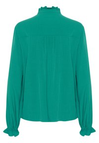 Blusa lunga e maniche in teal con colletto a ruffles alto, schiena plissettata e polsini arricciati. Tessuto liscio con una leggera lucentezza e vestibilità comoda.