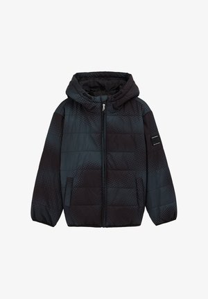 Kurtka puchowa z kapturem, w kolorze ciemnoniebieskim i czarnym, z wzorem w romby, zamkiem błyskawicznym z przodu oraz bocznymi kieszeniami.
