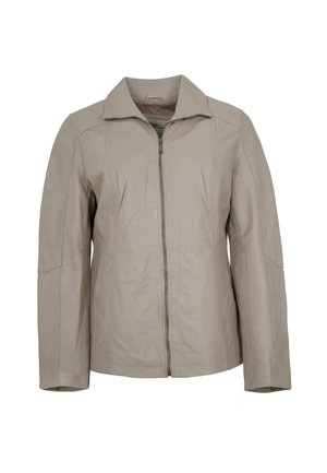 Beige Reißverschluss-Lederjacke mit langen Ärmeln und kleinem Stehkragen, vor einem weißen Hintergrund gezeigt.