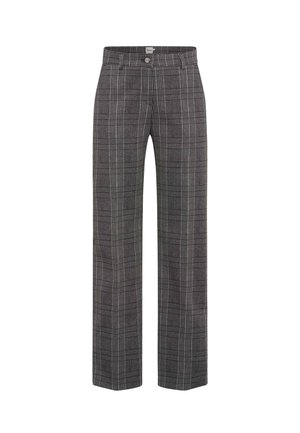 Schwarz-graue karierte High-Waist-Hosen mit geradem Bein, mit Knopfverschluss und seitlichen Taschen.