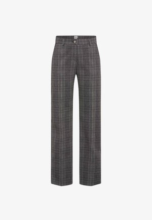 Schwarz-graue karierte High-Waist-Hosen mit geradem Bein, mit Knopfverschluss und seitlichen Taschen.