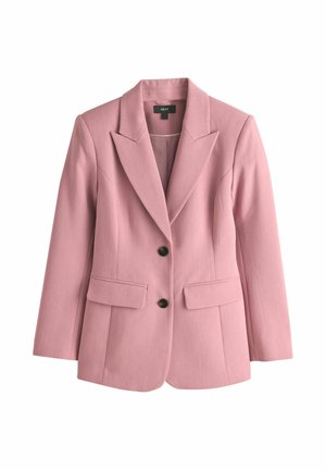 Lyserød blazer lavet af tekstureret stof, med reverskrave, to forlommer og to sorte knapper til lukning.