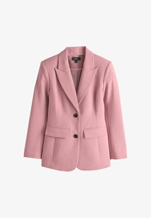 Lyserød blazer lavet af tekstureret stof, med reverskrave, to forlommer og to sorte knapper til lukning.