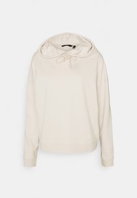 Sweat à capuche couleur crème avec cordon de serrage au niveau du col. Il présente des manches longues, une coupe décontractée et un tissu doux avec des poignets et un ourlet côtelés.