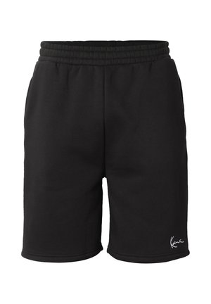 Black knee-length shorts with elastic waistband and small white signature logo on the lower right leg.