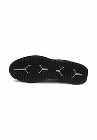 Black shoe sole with textured ridges and a central support design, featuring light-colored accents and a smooth, durable finish.