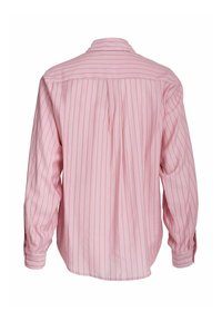 Camicia a maniche lunghe rosa con righe bianche verticali, caratterizzata da un colletto a punta, piega sul retro e polsini con bottoni. Tessuto di cotone, vestibilità comoda.