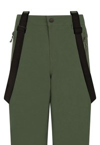 Groene cargobroek met zwarte verstelbare bretels. Voorzien van een voorste knoopsluiting en zijzakken met rits. Gladde stof textuur.