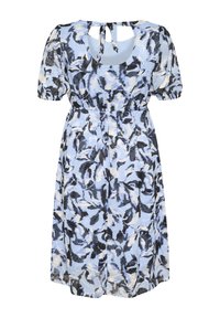 Floral print dress with a light blue background, black and white abstract shapes, short puff sleeves, and a keyhole back with a tie detail.