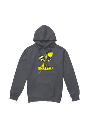 Dark gray hoodie featuring a superhero with a yellow lightning bolt and the word "SHAZAM!" in bold yellow letters on the front.