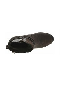 Bottine en cuir marron avec un bout arrondi, fermeture éclair sur le côté et coutures décoratives. Présente un panneau texturé à la cheville pour plus de détails.