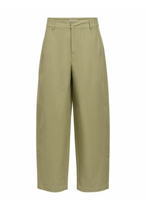 Khaki broek met hoge taille en wijde pijpen, voorzien van riemlussen, zijkantenzakken en een onzichtbare ritssluiting aan de voorkant.