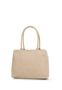 Beige tote bag met geweven textuur, twee lange handvatten en een gestructureerde vorm. Gladde afwerking zonder zichtbare hardware of accenten.