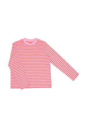 Long-sleeve shirt with pink and orange horizontal stripes, featuring a pink ribbed collar and soft fabric texture.