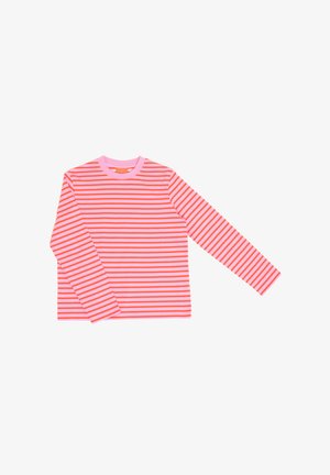 Long-sleeve shirt with pink and orange horizontal stripes, featuring a pink ribbed collar and soft fabric texture.