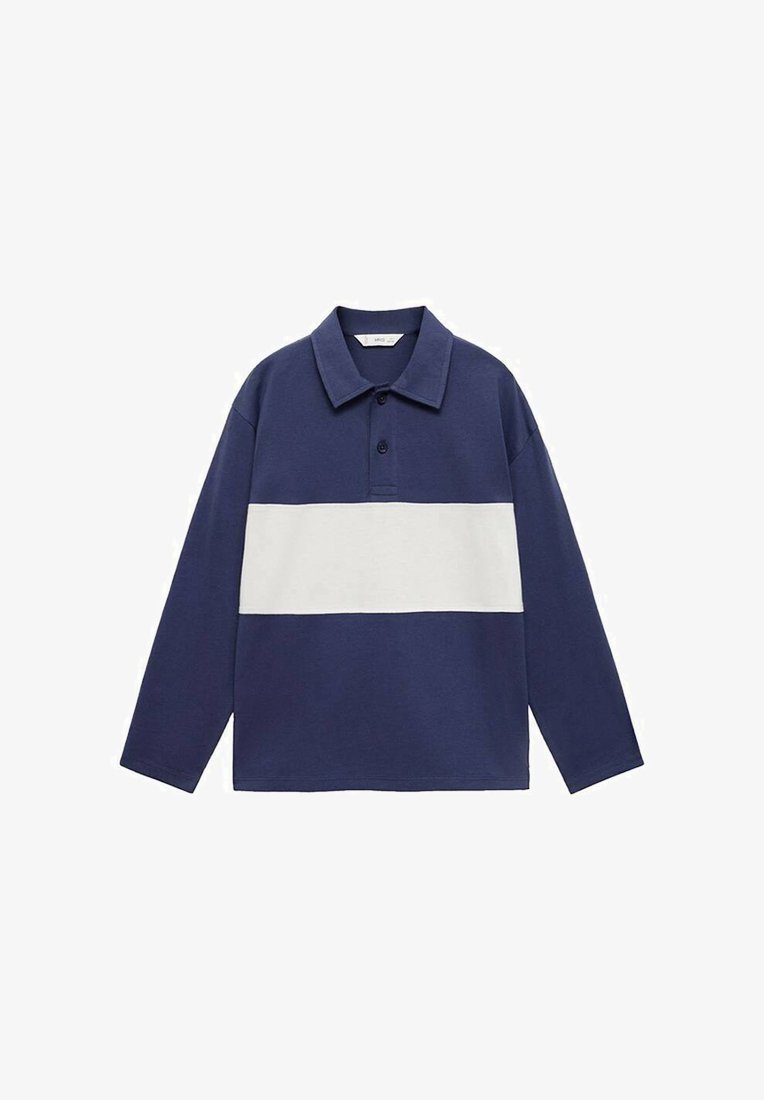 Langärmliges Polohemd in Dunkelblau mit einem horizontalen weißen Streifen über der Brust. Verfügt über einen Kragen und eine Knopfleiste.