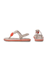 Rope sandals featuring a beige exterior with orange accents, a flat sole, and an interwoven strap design. Textured surface allows grip.