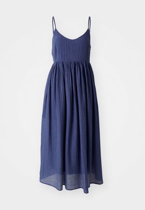 Granatowa, bezrękawnikowa sukienka z okrągłym dekoltem, zebranym w pasie i unoszącą się, sięgającą kolan spódnicą wykonaną z teksturowanej tkaniny.