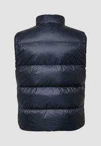 Marineblauer, gepolsterter Weste mit hohem Kragen, gestepptem Design, horizontalen Nähten und einer glatten, glänzenden Textur. Rückansicht, keine sichtbaren Taschen.