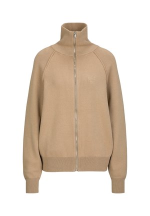 Beige vest met ritssluiting, gemaakt van zacht gebreid materiaal, met een hoge kraag, geribbelde manchetten en een subtiel logo op de borst.