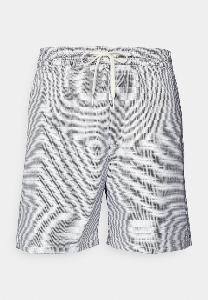 Shorts de bain légers pour hommes, gris avec un motif micro carreaux et une taille à cordon blanc, présentés sur un fond uni.