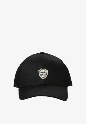 Black baseball cap with a curved brim, featuring a white embroidered shield badge with "ITALIA," 1969, and two colored stars.