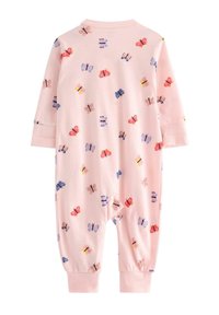 Różowy bawełniany kombinezon z motywem motyli w różnych kolorach. Posiada długie rękawy, elastyczne mankiety i okrągły dekolt.