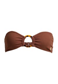 Haut de bikini bandeau texturé marron avec un anneau effet écaille de tortue au centre et un petit logo cœur doré sur le côté droit.