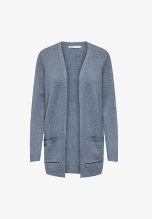 Svetlo modri kardigan iz pletenine, z odprtim sprednjim delom, ribanim robom in dvema sprednjima žepoma. Preprost dizajn brez gumbov.