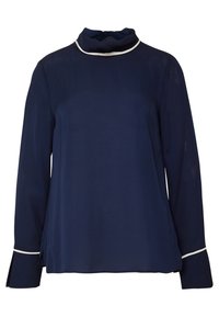 Granatowa bluzka z długim rękawem o wysokim, falbaniastym kołnierzu oraz białym wykończeniem wzdłuż dekoltu i mankietów. Miękki materiał i luźny krój.
