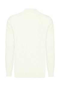 Hvid strikket sweater med lange ærmer, rund halsudskæring og ribbede manchetter og kant. Blød tekstur med et enkelt, ensfarvet design.